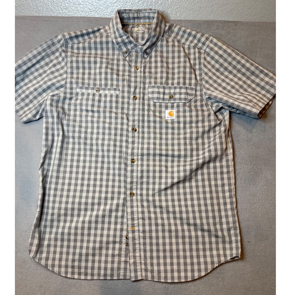Carhartt Force Mens Large Relaxed Fit Grey Gingham Plaid Short Sleeve Work Shirt